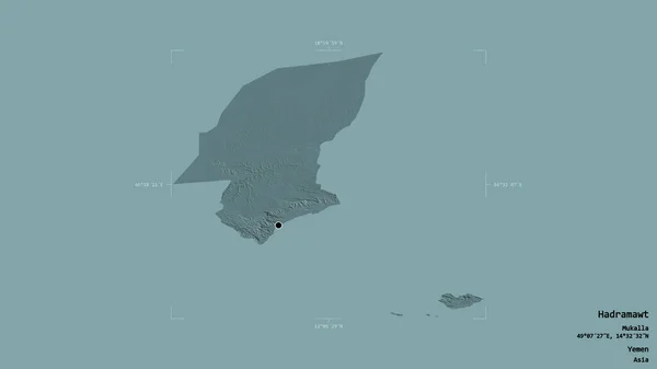 イエメンの州知事であるハドラマワットの地域は 洗練された境界ボックスにしっかりとした背景に隔離されています ラベル 色の標高マップ 3Dレンダリング — ストック写真