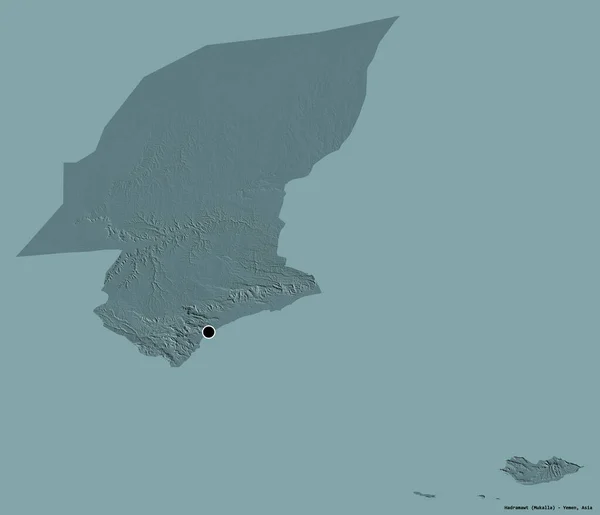 也门哈得拉毛省的形状 其首都以纯色背景隔离 彩色高程图 3D渲染 — 图库照片