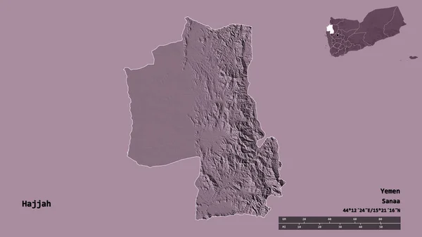 也门哈贾省的形状 其首都在坚实的背景下与世隔绝 距离尺度 区域预览和标签 彩色高程图 3D渲染 — 图库照片