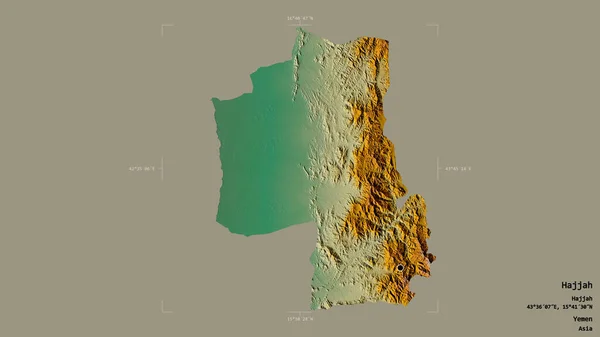 イエメンの州知事であるハジャの地域は 洗練された境界ボックスにしっかりとした背景に隔離されています ラベル 地形図 3Dレンダリング — ストック写真