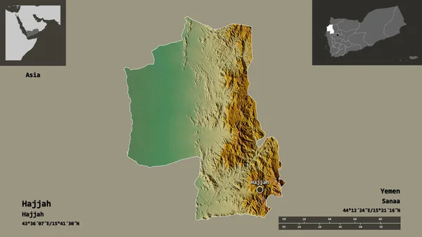 也门哈贾省的形状及其首都 距离刻度 预览和标签 地形浮雕图 3D渲染 — 图库照片
