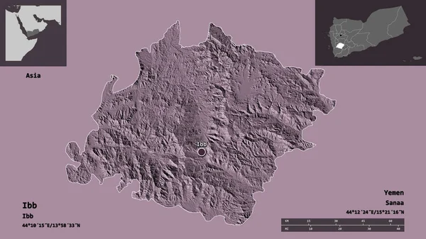 イブの形 イエメンの知事 そしてその首都 距離スケール プレビューおよびラベル 色の標高マップ 3Dレンダリング — ストック写真