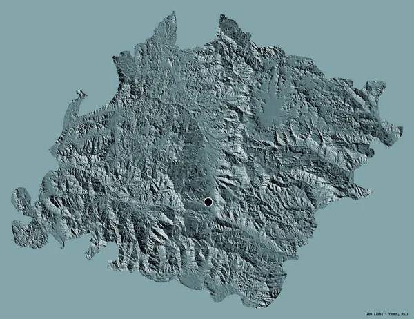 也门伊卜省的形状 其首都用纯色背景隔开 彩色高程图 3D渲染 — 图库照片