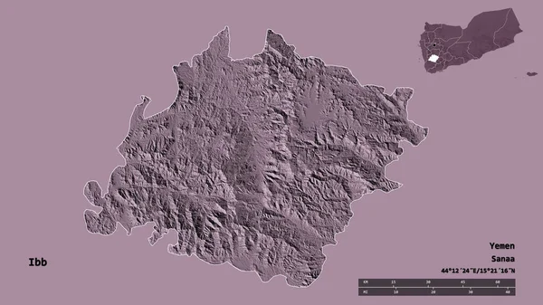 イブの形 イエメンの知事 その首都はしっかりとした背景に隔離されています 距離スケール リージョンプレビュー およびラベル 色の標高マップ 3Dレンダリング — ストック写真
