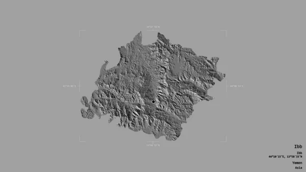 也门省Ibb地区 以坚实的背景隔离在一个地理参照框中 Bilevel高程图 3D渲染 — 图库照片