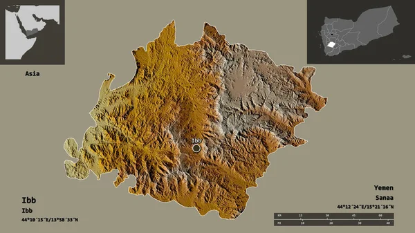 イブの形 イエメンの知事 そしてその首都 距離スケール プレビューおよびラベル 地形図 3Dレンダリング — ストック写真