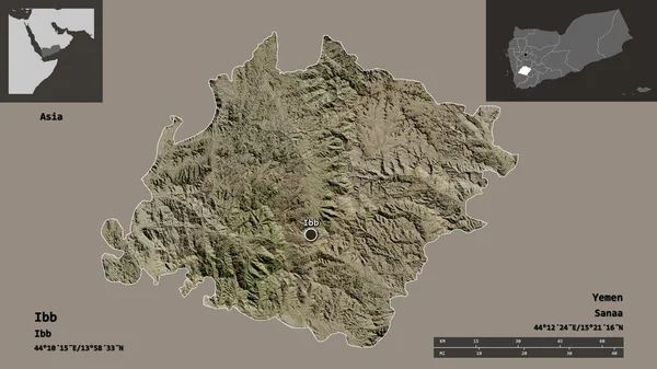 也门省Ibb的形状及其首都 距离刻度 预览和标签 卫星图像 3D渲染 — 图库照片