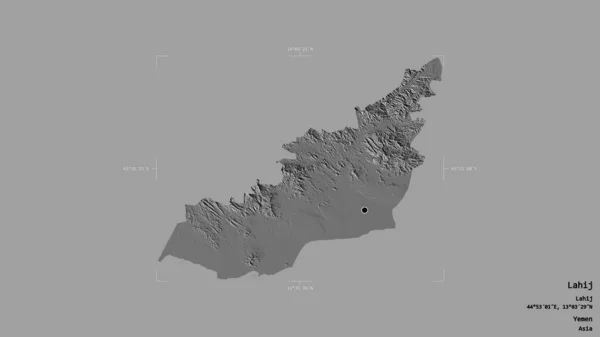 イエメンの知事であるラヒジの地域は 洗練された境界ボックス内の強固な背景に隔離されています ラベル 標高マップ 3Dレンダリング — ストック写真