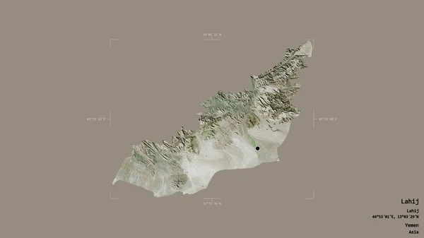 也门省Lahij地区 以坚实的背景隔离在一个地理参照框中 卫星图像 3D渲染 — 图库照片