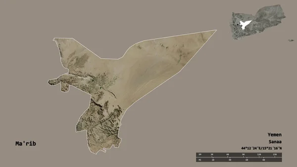 イエメンの州知事であるマリブの形は その資本がしっかりとした背景に隔離されています 距離スケール リージョンプレビュー およびラベル 衛星画像 3Dレンダリング — ストック写真