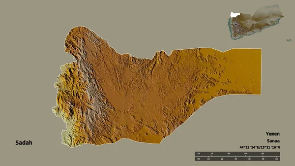 也门省萨达省的形状 其首都在坚实的背景下与世隔绝 距离尺度 区域预览和标签 地形浮雕图 3D渲染 — 图库照片