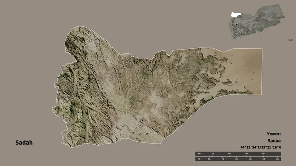 也门省萨达省的形状 其首都在坚实的背景下与世隔绝 距离尺度 区域预览和标签 卫星图像 3D渲染 — 图库照片