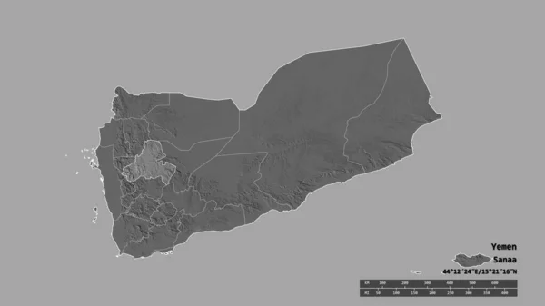 主要な地域部門と分離サナア地域とイエメンの荒廃した形 ラベル 標高マップ 3Dレンダリング — ストック写真