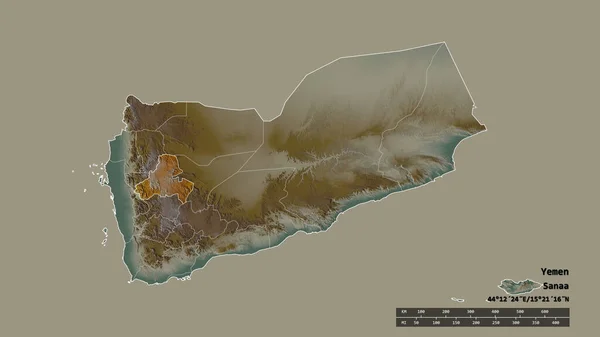 主要な地域部門と分離サナア地域とイエメンの荒廃した形 ラベル 地形図 3Dレンダリング — ストック写真