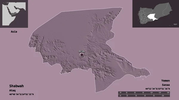 也门Shabwah省的形状及其首都 距离刻度 预览和标签 彩色高程图 3D渲染 — 图库照片