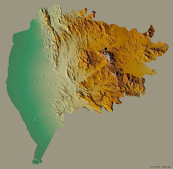Yemen valisi Ta 'izz' in şekli, başkenti katı bir renk arkaplanı ile izole edilmiştir. Topografik yardım haritası. 3B görüntüleme