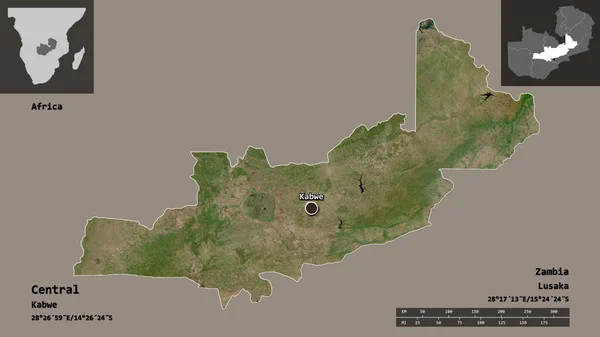 ザンビアの州とその首都の形 距離スケール プレビューおよびラベル 衛星画像 3Dレンダリング — ストック写真