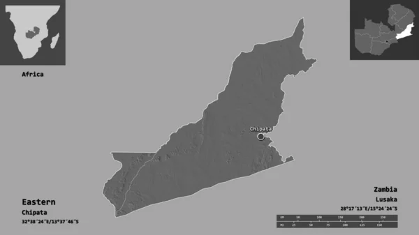 東の形 ザンビアの州 その首都 距離スケール プレビューおよびラベル 標高マップ 3Dレンダリング — ストック写真