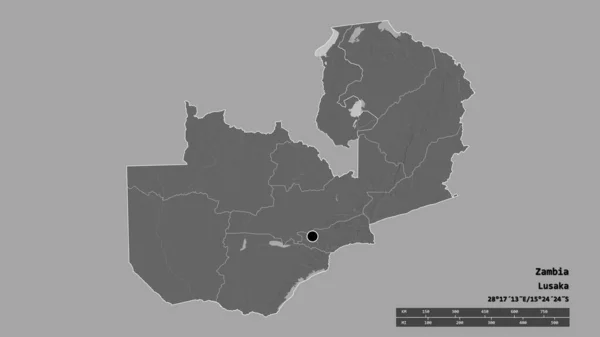 主要な地域部門と分離ルアプラ地域とザンビアの荒廃した形 ラベル 標高マップ 3Dレンダリング — ストック写真