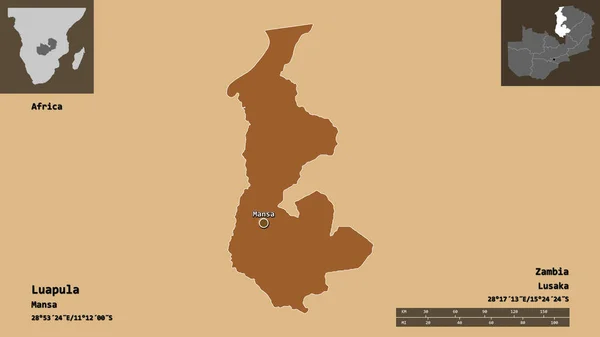 赞比亚省Luapula的形状及其首都 距离刻度 预览和标签 图形纹理的组成 3D渲染 — 图库照片