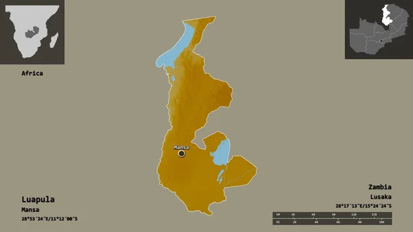 ルアプラの形 ザンビアの州とその首都 距離スケール プレビューおよびラベル 地形図 3Dレンダリング — ストック写真