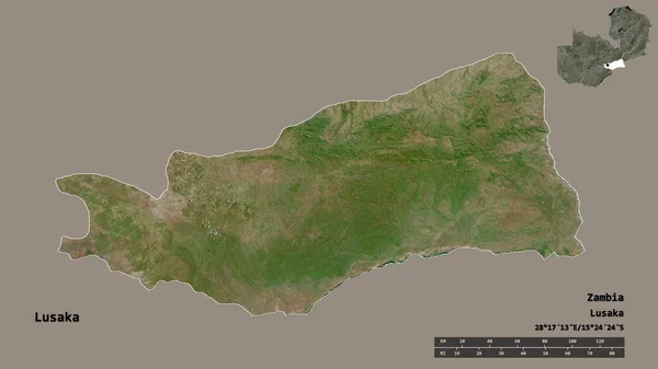 赞比亚省卢萨卡的形状 其首都孤立在坚实的背景之下 距离尺度 区域预览和标签 卫星图像 3D渲染 — 图库照片