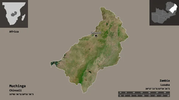 赞比亚省Muchinga的形状及其首都 距离刻度 预览和标签 卫星图像 3D渲染 — 图库照片