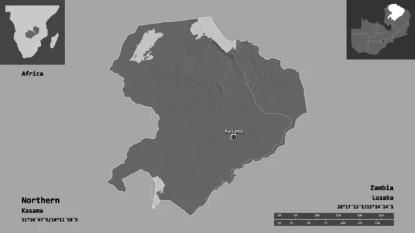 Form Norra Provinsen Zambia Och Dess Huvudstad Avståndsskala Förhandsvisningar Och — Stockfoto