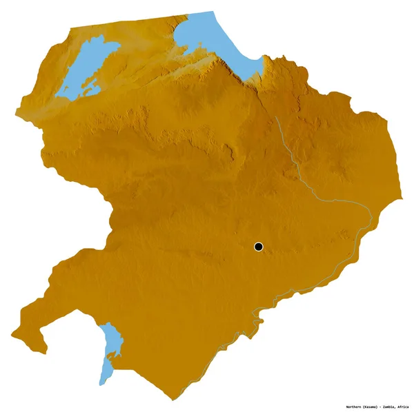 赞比亚北部形状 首都为白色背景 与世隔绝 地形浮雕图 3D渲染 — 图库照片