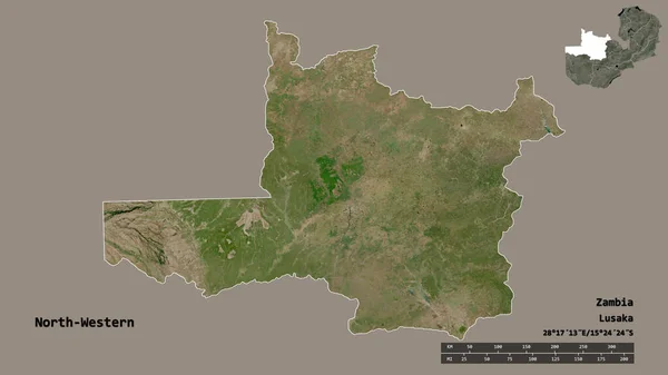 赞比亚西北部的形状 其首都背景坚实 与世隔绝 距离尺度 区域预览和标签 卫星图像 3D渲染 — 图库照片