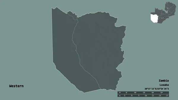 Форма Замбії Західна Провінція Столицею Ізольованою Твердому Тлі Масштаб Відстаней — стокове фото