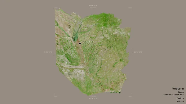 ザンビアの西部の地域は 地理的な境界の箱の中にしっかりとした背景に隔離されています ラベル 衛星画像 3Dレンダリング — ストック写真