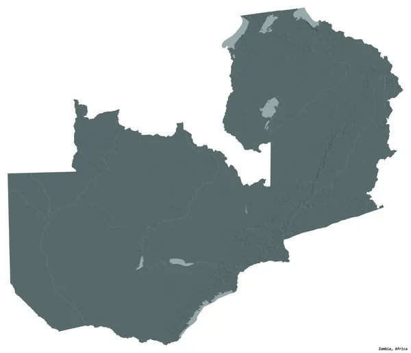 Form Zambia Med Dess Huvudstad Isolerad Vit Bakgrund Färgad Höjdkarta — Stockfoto