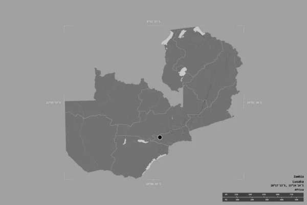 ザンビアの地域は 洗練された境界の箱の中の強固な背景に隔離されています 主な地域部門 距離スケール ラベル 標高マップ 3Dレンダリング — ストック写真