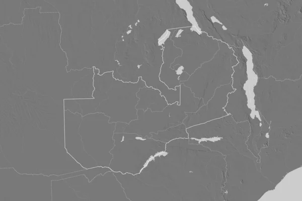 Extended Area Zambia Country Outline International Regional Borders Bilevel Elevation — Stock Photo, Image