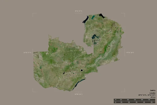 ザンビアの地域は 洗練された境界の箱の中の強固な背景に隔離されています 主な地域部門 距離スケール ラベル 衛星画像 3Dレンダリング — ストック写真
