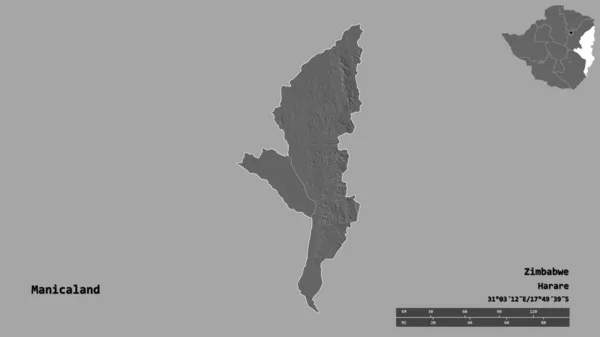 ジンバブエのマニカルランド州の形で その首都はしっかりとした背景に隔離されています 距離スケール リージョンプレビュー およびラベル 標高マップ 3Dレンダリング — ストック写真