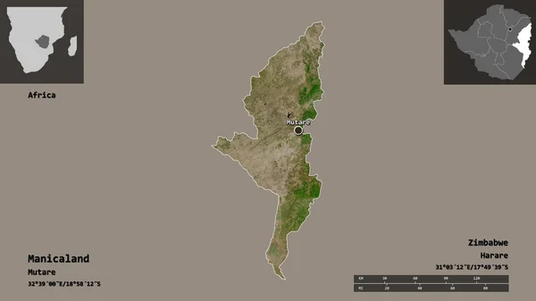 ジンバブエの首都 マニカランドの形 距離スケール プレビューおよびラベル 衛星画像 3Dレンダリング — ストック写真