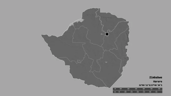 Desaturated shape of Zimbabwe with its capital, main regional division and the separated Mashonaland Central area. Labels. Bilevel elevation map. 3D rendering