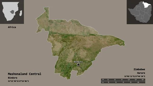ジンバブエ州のマショナランド セントラルとその首都の形 距離スケール プレビューおよびラベル 衛星画像 3Dレンダリング — ストック写真