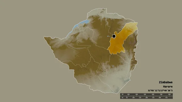 以首都 主要区域分部和独立的马什霍南东部地区为首都的津巴布韦的专制形态 地形浮雕图 3D渲染 — 图库照片