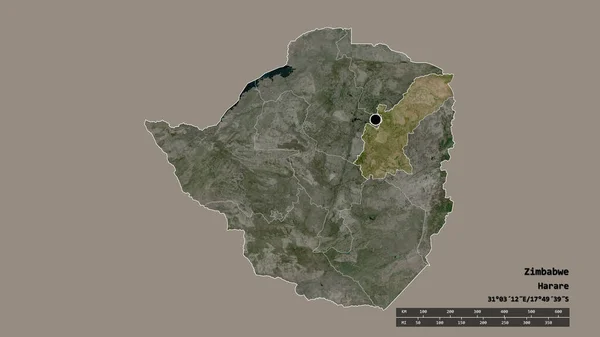 主要な地域部門と分離されたマショナランド東部地域とジンバブエの荒廃した形 ラベル 衛星画像 3Dレンダリング — ストック写真