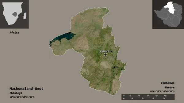 津巴布韦西部马什霍南省的形状及其首都 距离刻度 预览和标签 卫星图像 3D渲染 — 图库照片