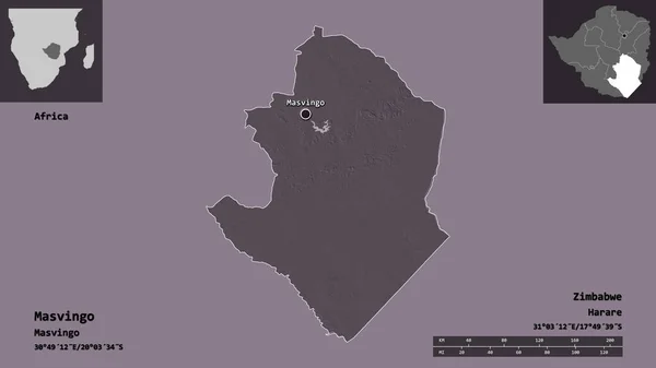 津巴布韦的Masvingo形状及其首都 距离刻度 预览和标签 彩色高程图 3D渲染 — 图库照片