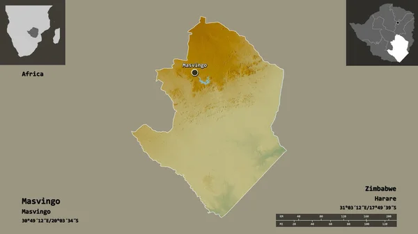 津巴布韦的Masvingo形状及其首都 距离刻度 预览和标签 地形浮雕图 3D渲染 — 图库照片