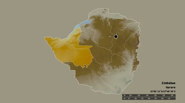 以首都 主要区域分部和分裂的马塔巴莱兰北部地区为首都的津巴布韦的绝望状态 地形浮雕图 3D渲染 — 图库照片