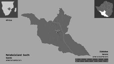Güney Matabeleland, Zimbabwe vilayeti ve başkenti. Uzaklık ölçeği, ön gösterimler ve etiketler. Çift seviyeli yükseklik haritası. 3B görüntüleme