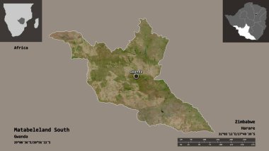 Güney Matabeleland, Zimbabwe vilayeti ve başkenti. Uzaklık ölçeği, ön gösterimler ve etiketler. Uydu görüntüleri. 3B görüntüleme