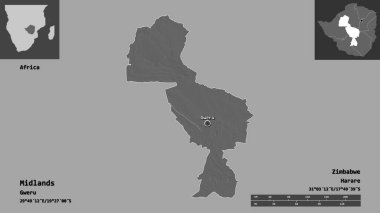 Midlands 'ın şekli, Zimbabwe ili ve başkenti. Uzaklık ölçeği, ön gösterimler ve etiketler. Çift seviyeli yükseklik haritası. 3B görüntüleme