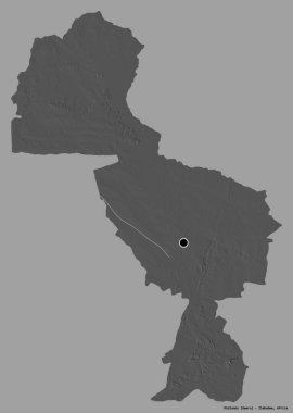 Midlands, Zimbabwe eyaleti, başkenti katı renk arkaplanı ile izole edilmiştir. Çift seviyeli yükseklik haritası. 3B görüntüleme
